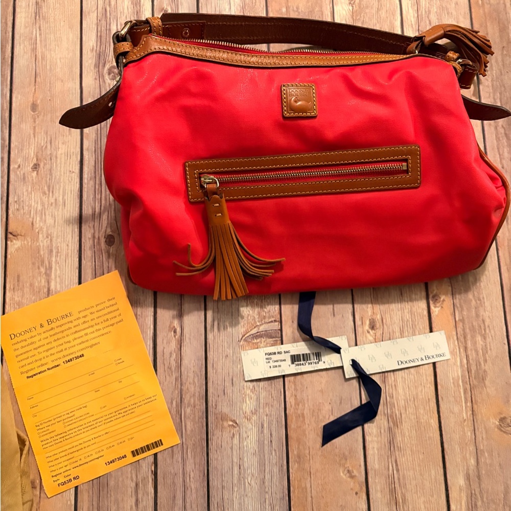 Dooney & Bourke Red Nylon Shoulder Bag with Tan Leather Trim and Tassel